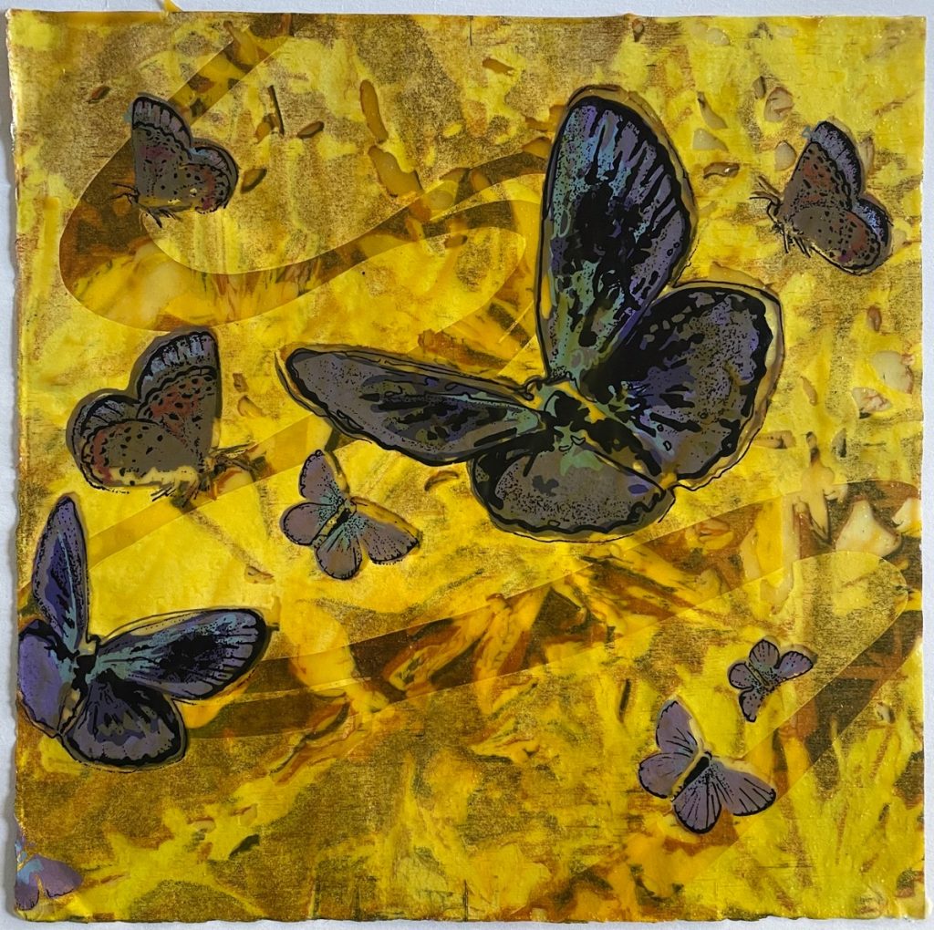 Patricia Hunsinger&nbsp;• <em>Study of Blue</em>&nbsp;• Medium: reduction woodcut, screenprint and encaustic on kozo&nbsp;• 12″×&nbsp;12″&nbsp;• $50.00
