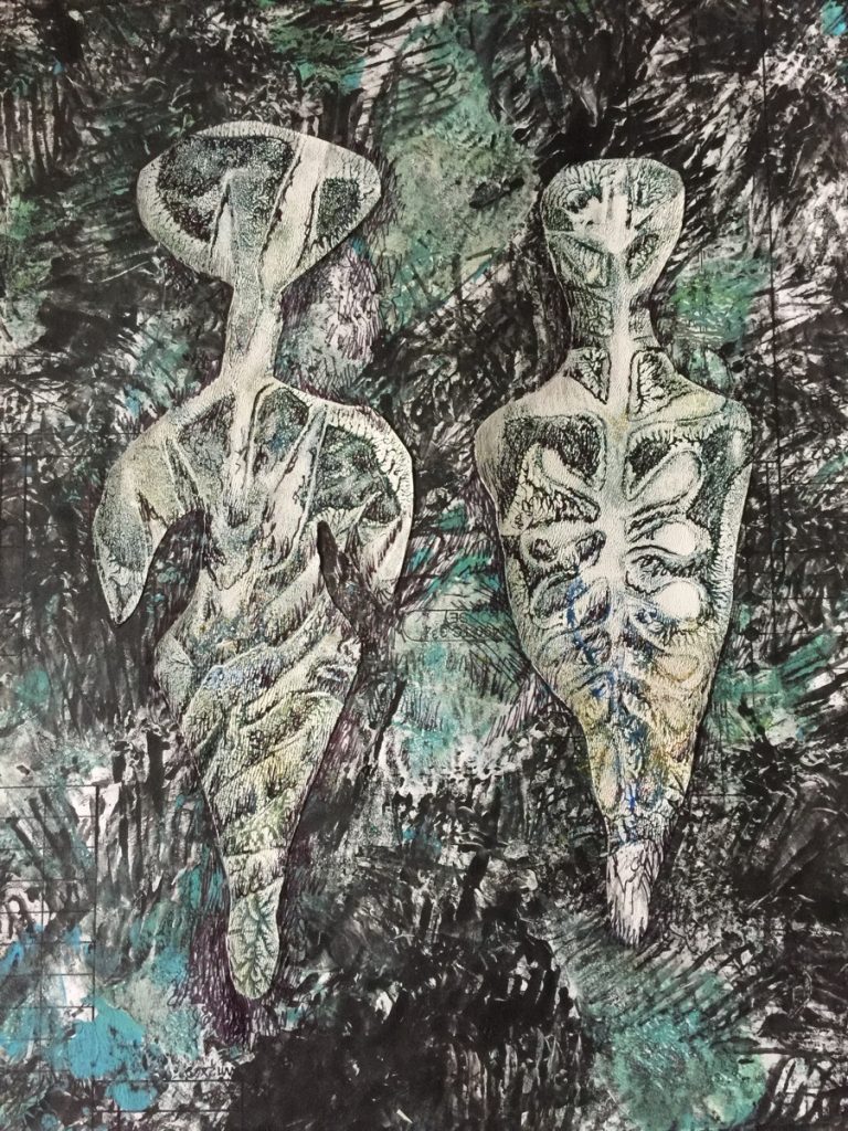 Patricia Brown&nbsp;• <em>Primordial #29</em>&nbsp;• Mono-print collage, acrylic on paper&nbsp;• 11″×&nbsp;14″&nbsp;• $50.00