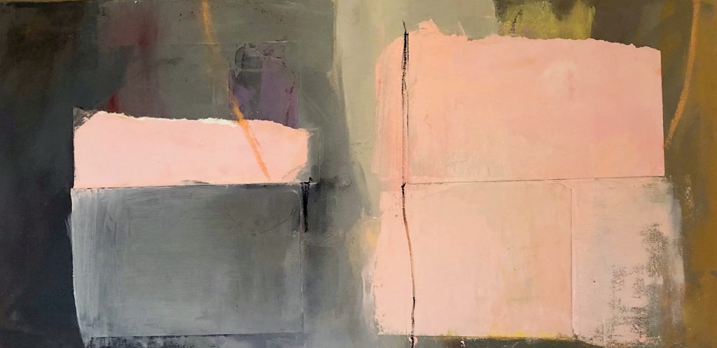 Ileen Kaplan&nbsp;• <em>Together</em>&nbsp;• Oil over acrylic, oil pastel, collage&nbsp;• 30″×&nbsp;15″&nbsp;• $950.00