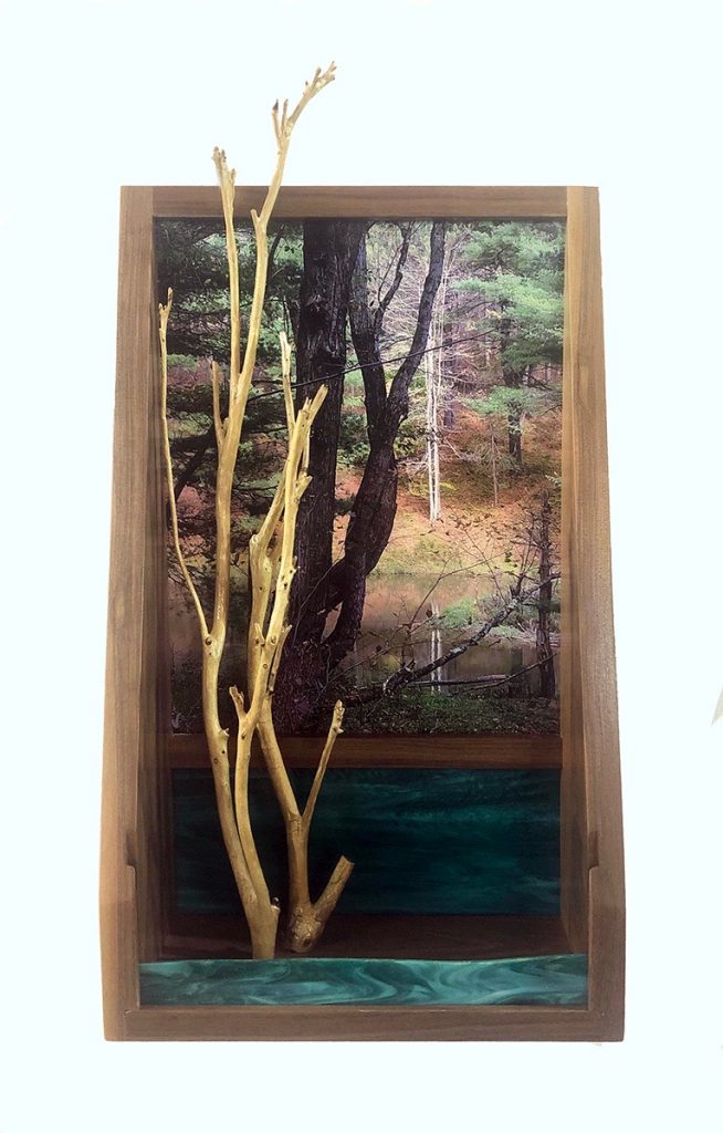 Eva M. Capobianco&nbsp;• <em>FLT, M13 - Pond, Trees and Green Glass</em>&nbsp;• Photo, stained glass, found and reused wood&nbsp;• 12″×&nbsp;23″×&nbsp;5″&nbsp;• $425.00