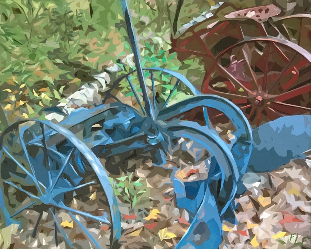Frances Fawcett&nbsp;• <em>Blue Machine</em>&nbsp;• Acrylic paint & Ultrachrome ink on canvas&nbsp;• 21½″×&nbsp;17½″&nbsp;• $650.00