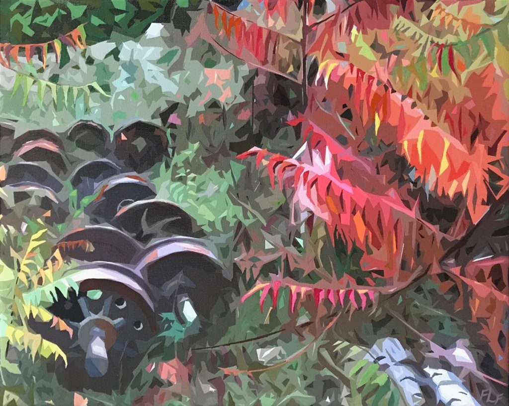 Frances Fawcett&nbsp;• <em>Wheels, Sumac</em>&nbsp;• Acrylic paint & Ultrachrome ink on canvas&nbsp;• 21½″×&nbsp;17½″&nbsp;• $650.00