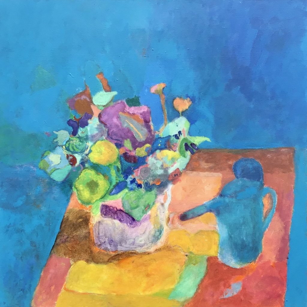 Vincent Joseph&nbsp;• <em>Watering Can and Flowers</em>&nbsp;• Acrylic&nbsp;• 24″×&nbsp;24″&nbsp;• $750.00