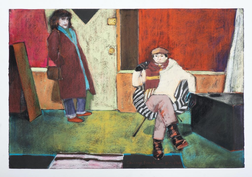 Diane Newton&nbsp;• <em>Chicago Friends</em>&nbsp;• Pastel on black Arches paper&nbsp;• 44″×&nbsp;30″&nbsp;• NFS