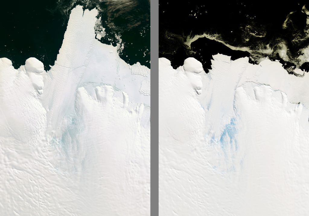 Jay Hart&nbsp;• <em>Mertz Glacier</em>&nbsp;• Inkjet print of Landsat imagery&nbsp;• 46″×&nbsp;33″&nbsp;• $800.00<div class="fb-text&quot><p style="margin-top:5px; text-align:center; font-size: 0.8em; ">Two images from 2003 and 2016 show that an ice tongue tore off recently. Online search can find a movie of the collision with a fifty-mile-long iceberg making a twin of itself after having bounced a thousand miles down the coast. To help appreciate the scale of all this - the table of the calved tongue stood more than 1000 feet above water. The glacier may grow a new tongue during the lifetime of our youngest grandchildren. Looking lower to where the ice squeezes out of the bottom edge of the main ice sheet, it seems a cartoon diagram of a gigantic tunnel flow (like those that formed finger lakes around the world, but larger at 22 miles across). These are big systems, and it takes a lot to change them. A 1913 Australian expedition lost a member here named Mertz, who is truly now part of this grand dance. </p></div>