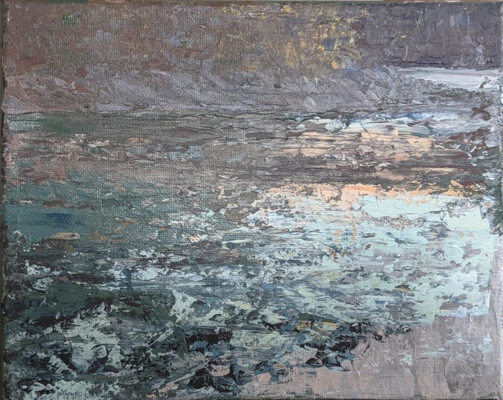 Diana Ozolins&nbsp;• <em>Mad River October 5 PM</em>&nbsp;• Acrylic on canvas&nbsp;• 10″×&nbsp;8″&nbsp;• $50.00