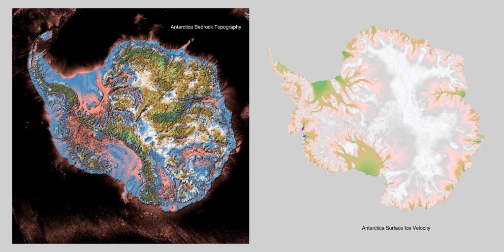 Jay Hart&nbsp;• <em>Antarctica Bedrock Topography and Surface Ice Velocity</em>&nbsp;• Reference science status map&nbsp;• 50″×&nbsp;25″&nbsp;• NFS