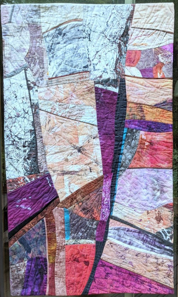 Barbara Behrmann&nbsp;• <em>Watch Your Step</em>&nbsp;• Original artist-dyed fabrics&nbsp;• 40″×&nbsp;23″&nbsp;• $875.00