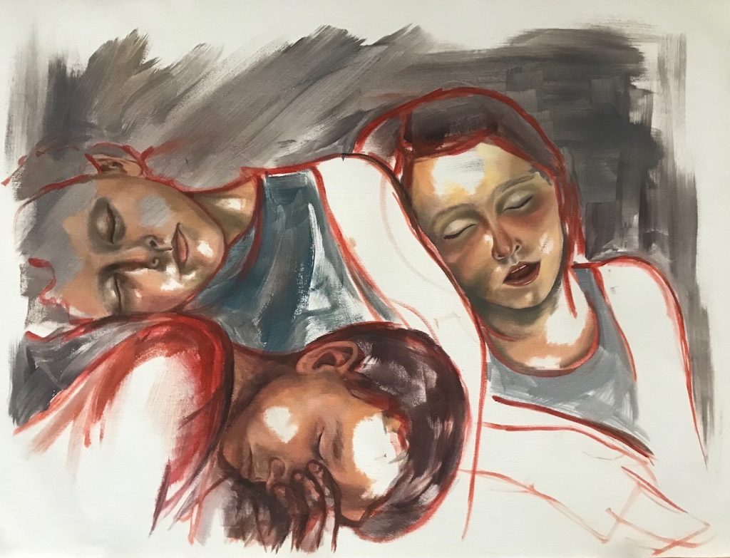 Julia Bertussi&nbsp;• <em>Indisputable Exhaustion</em>&nbsp;• Oil paint on unstretched canvas&nbsp;• 24″×&nbsp;18″&nbsp;• $950.00