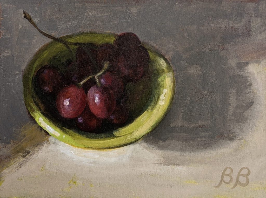 Brenda Bluestone&nbsp;• <em>Moody Grapes with Green Dish</em>&nbsp;• Acrylic on Arches paper&nbsp;• 6″×&nbsp;8″&nbsp;• $220.00