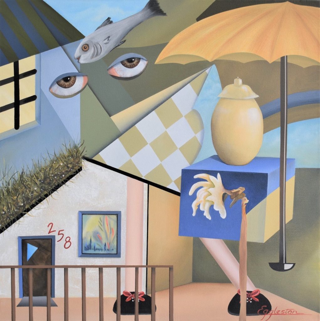 Cheryl Eggleston&nbsp;• <em>Tap Shoes</em>&nbsp;• Alkyd paint of gallery wrapped canvas&nbsp;• 24″×&nbsp;24″×&nbsp;1½″&nbsp;• $765.00