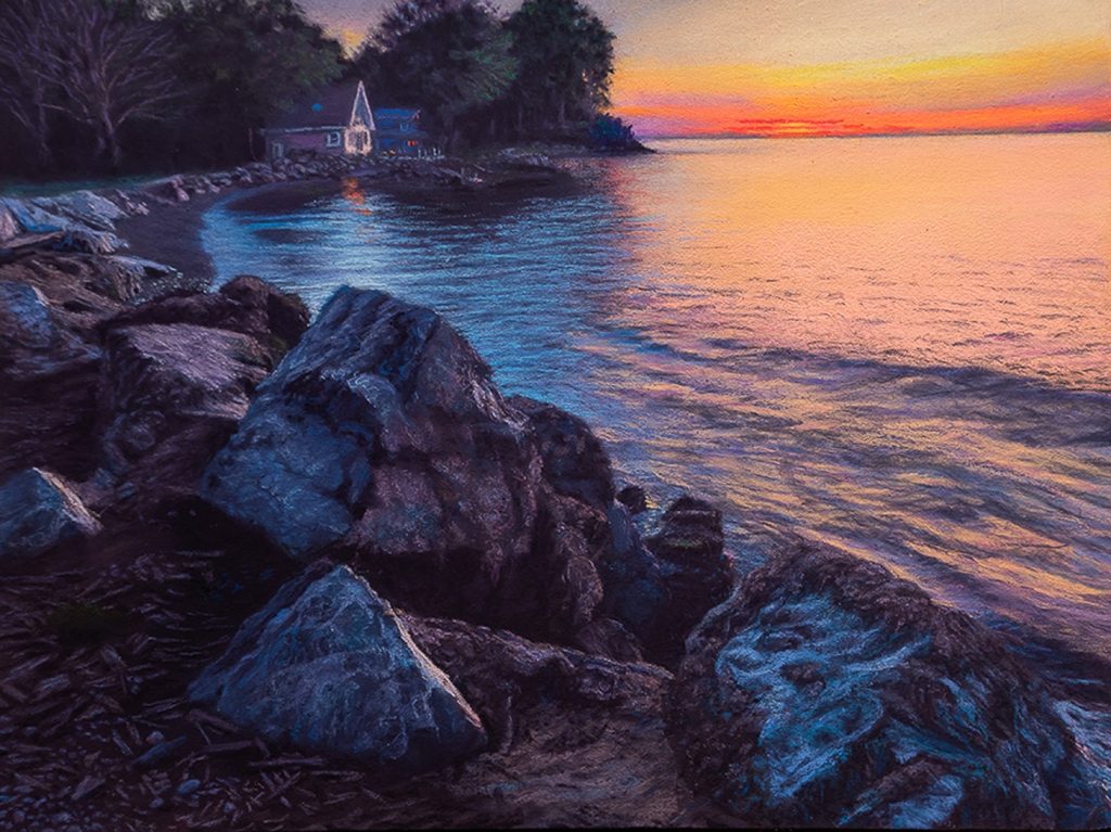 Jay Costanza&nbsp;• <em>Labor Day Sunset</em>&nbsp;• Pastel over watercolor&nbsp;• 9″×&nbsp;12″&nbsp;• $450.00