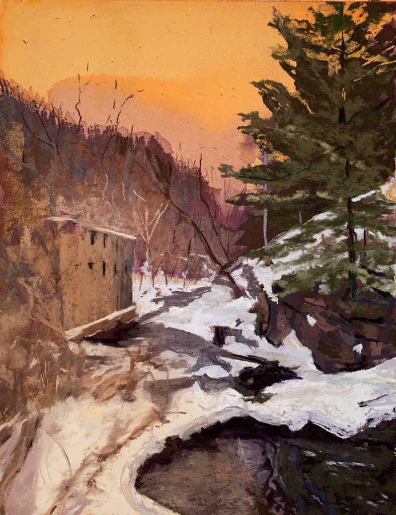 Lana Grauer&nbsp;• <em>Mill in Winter</em>&nbsp;• Pastel&nbsp;• 11″×&nbsp;14″×&nbsp;1″&nbsp;• $400.00