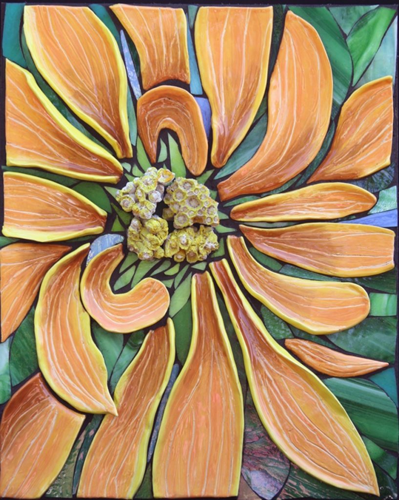 Marjorie Hoffman&nbsp;• <em>Chrysanthemum</em>&nbsp;• Hand made ceramic tile, stained glass, stone, fossilized coral&nbsp;• 22″×&nbsp;18″&nbsp;• $1,500.00