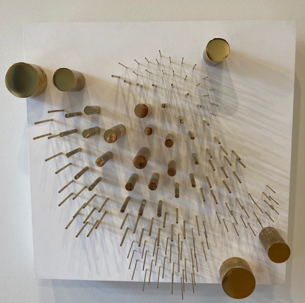Gregg Silvis&nbsp;• <em>Pattern I</em>&nbsp;• Brass rods, acrylic on wood panel&nbsp;• 16″×&nbsp;16″×&nbsp;5″&nbsp;• $1,500.00