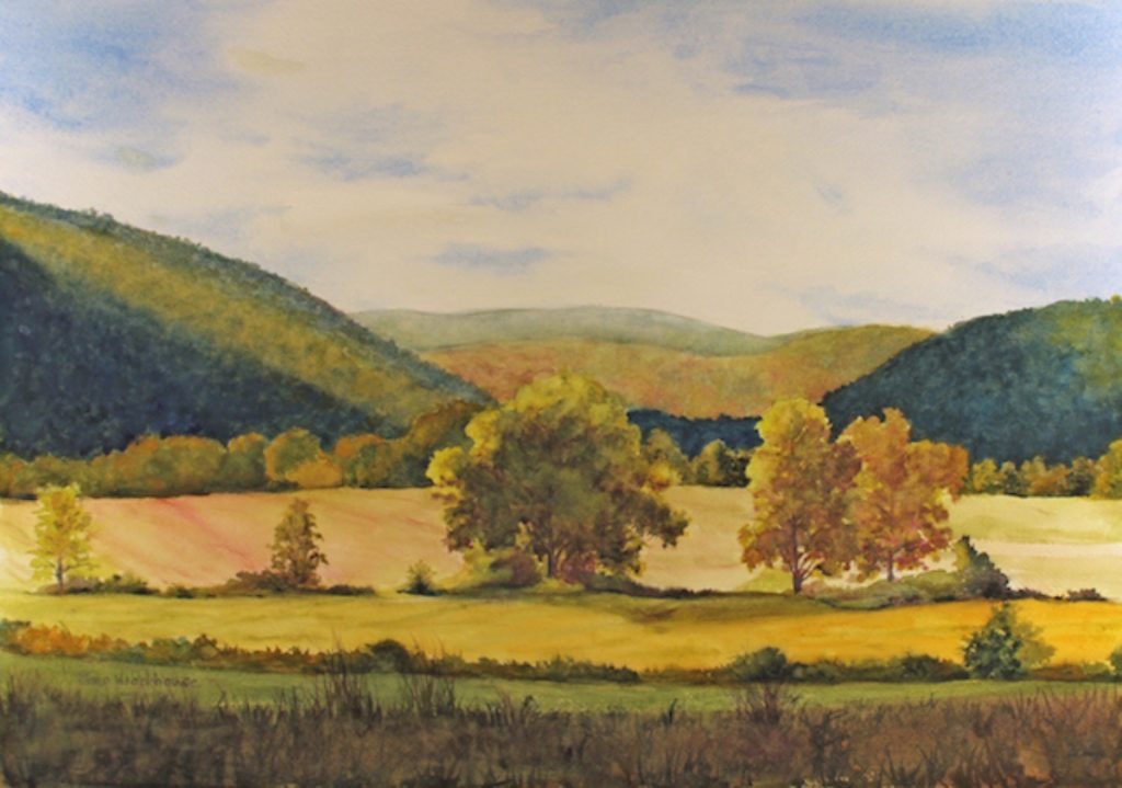 Diane Woodhouse&nbsp;• <em>Big Flats</em>&nbsp;• Watercolor on paper&nbsp;• 13″×&nbsp;9″&nbsp;• $350.00