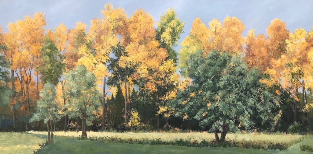 Patty L Porter&nbsp;• <em>Fall’s Curtain - 2021</em>&nbsp;• Oil on gallery wrapped canvas&nbsp;• 36″×&nbsp;18″&nbsp;• $1,200.00