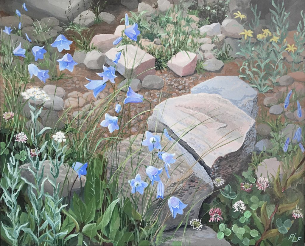 Frances Fawcett&nbsp;• <em>Colorado Harebells</em>&nbsp;• Acrylic on canvas&nbsp;• 30″×&nbsp;24″&nbsp;• $950.00