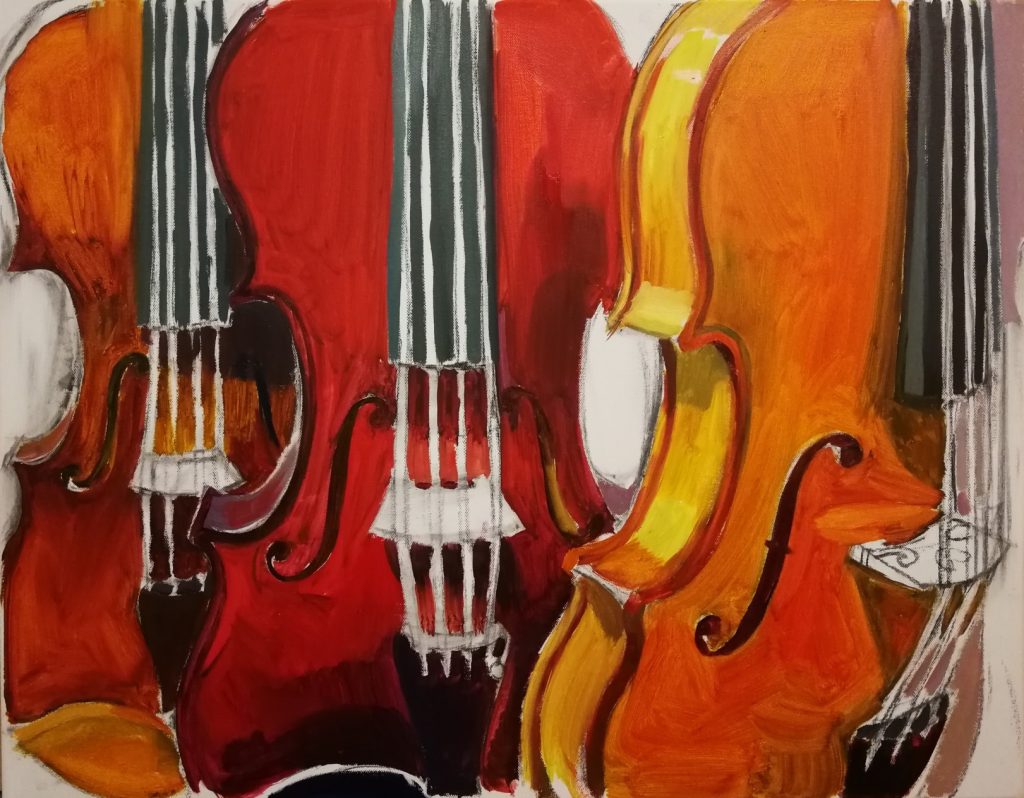 Irina Kassabova&nbsp;• <em>The Red Violin</em>&nbsp;• Oil on canvas&nbsp;• 22″×&nbsp;28″&nbsp;• $450.00
