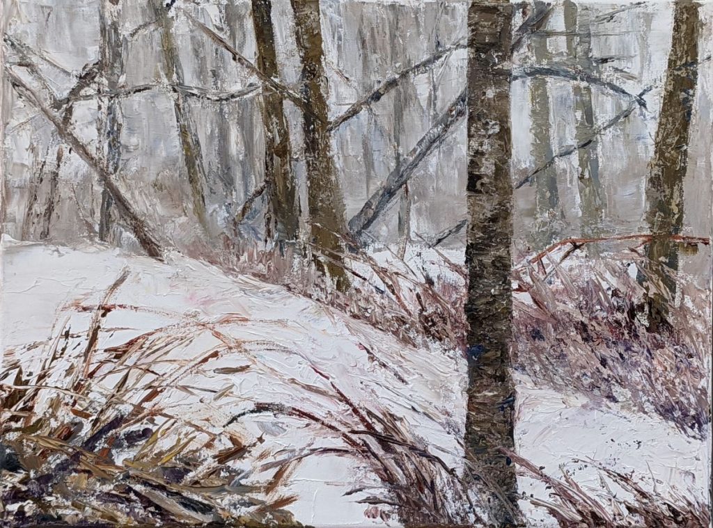 Diana Ozolins&nbsp;• <em>The Last Snowfall</em>&nbsp;• Oil on canvas&nbsp;• 16″×&nbsp;12″&nbsp;• $400.00