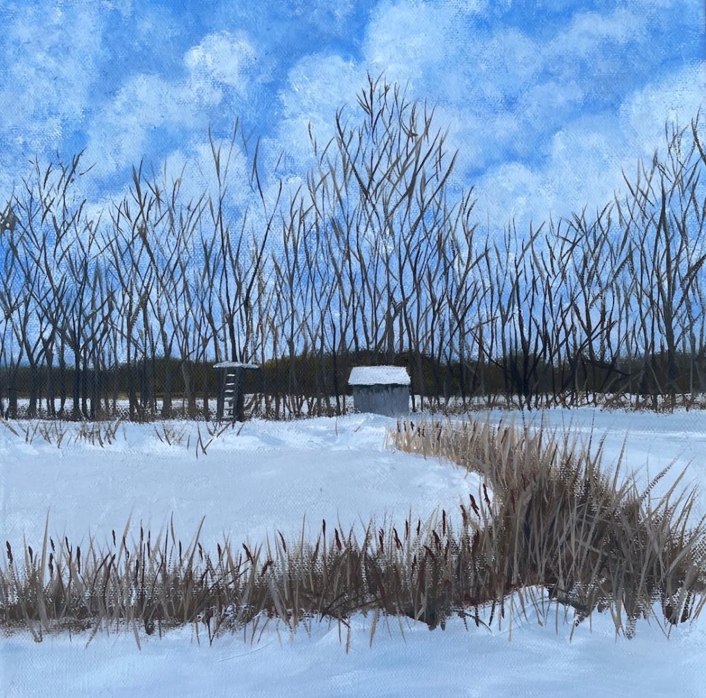 Patty L Porter&nbsp;• <em>Marvin's Pond IV ~ Winter</em>&nbsp;• Oil on canvas &nbsp;• 12″×&nbsp;12″&nbsp;• $300.00