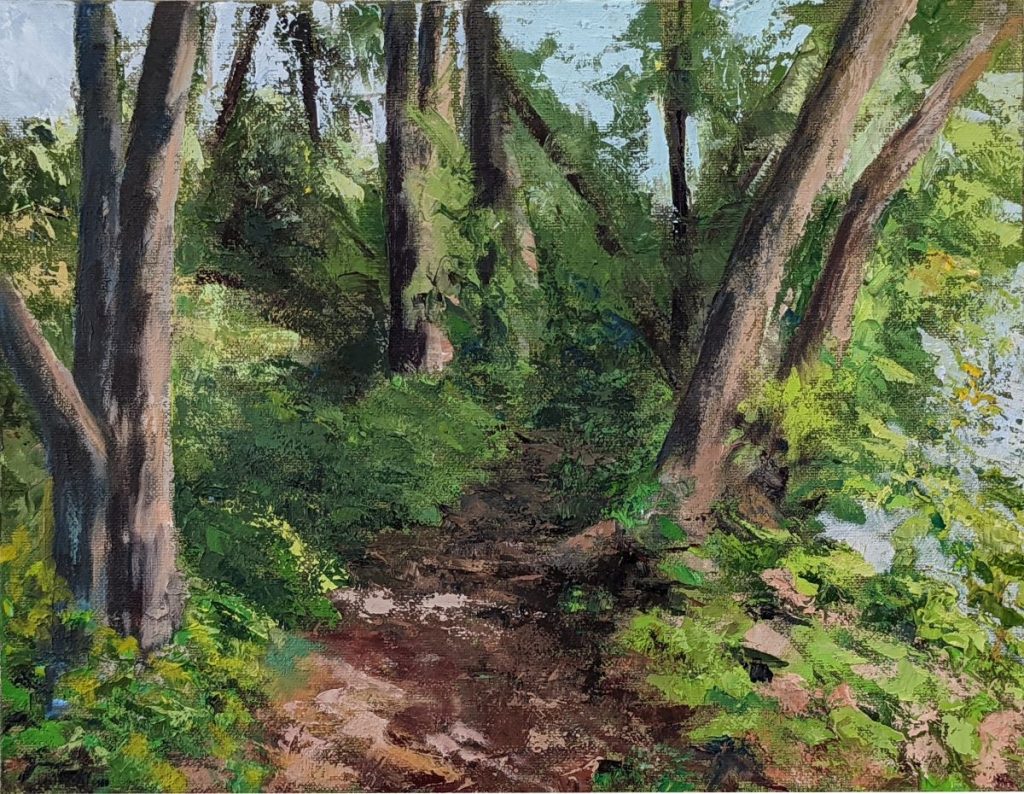 Diana Ozolins&nbsp;• <em>Breakfast by the Inlet at Hogg’s Hole</em>&nbsp;• Oil on canvas&nbsp;• 14″×&nbsp;11″&nbsp;• $350.00