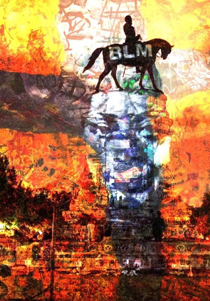 Patricia Brown&nbsp;• <em>BLM</em>&nbsp;• Digital collage on metal&nbsp;• 11″×&nbsp;15″&nbsp;• $150.00