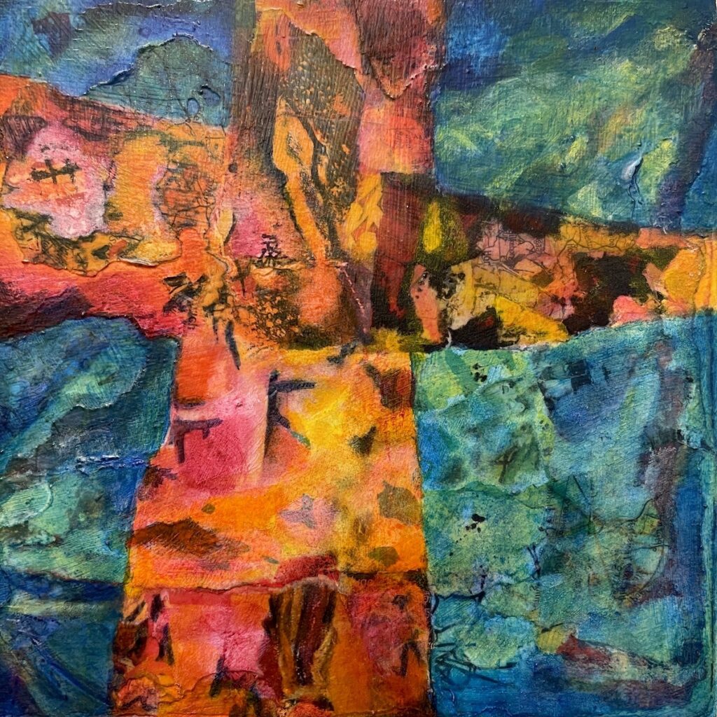 Patricia Brown&nbsp;• <em>Crossroads 3</em>&nbsp;• Acrylic, paper collage on wood panel&nbsp;• 6″×&nbsp;6″&nbsp;• $95.00