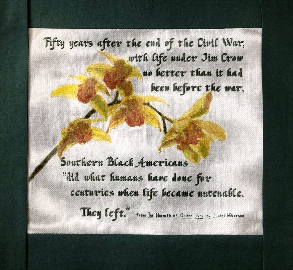 Eva M. Capobianco&nbsp;• <em>New Beginnings</em>&nbsp;• Cross stitch&nbsp;• 15″×&nbsp;14″&nbsp;• $375.00