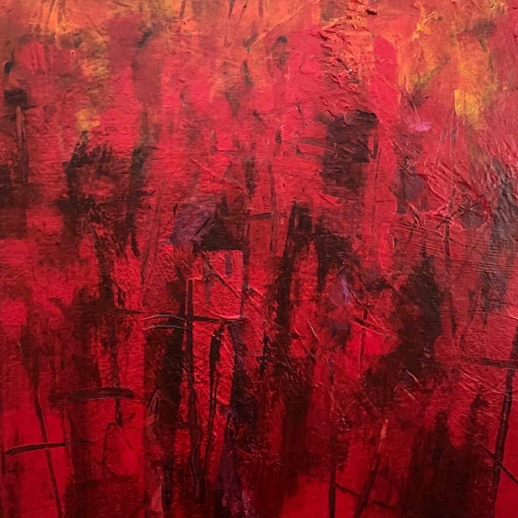 Patricia Brown&nbsp;• <em>Passages 11c, Crimson Crosses</em>&nbsp;• Acrylic paint on paper mounted on wood panel&nbsp;• 8″×&nbsp;8″&nbsp;• $195.00