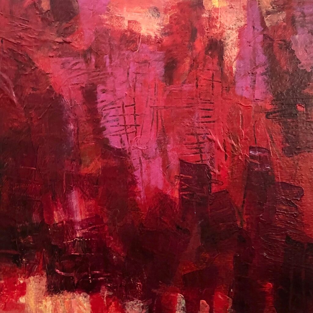 Patricia Brown&nbsp;• <em>Passages 11d, Red Heat</em>&nbsp;• Acrylic paint on paper mounted on wood panel&nbsp;• 8″×&nbsp;8″×&nbsp;2022″&nbsp;• $195.00