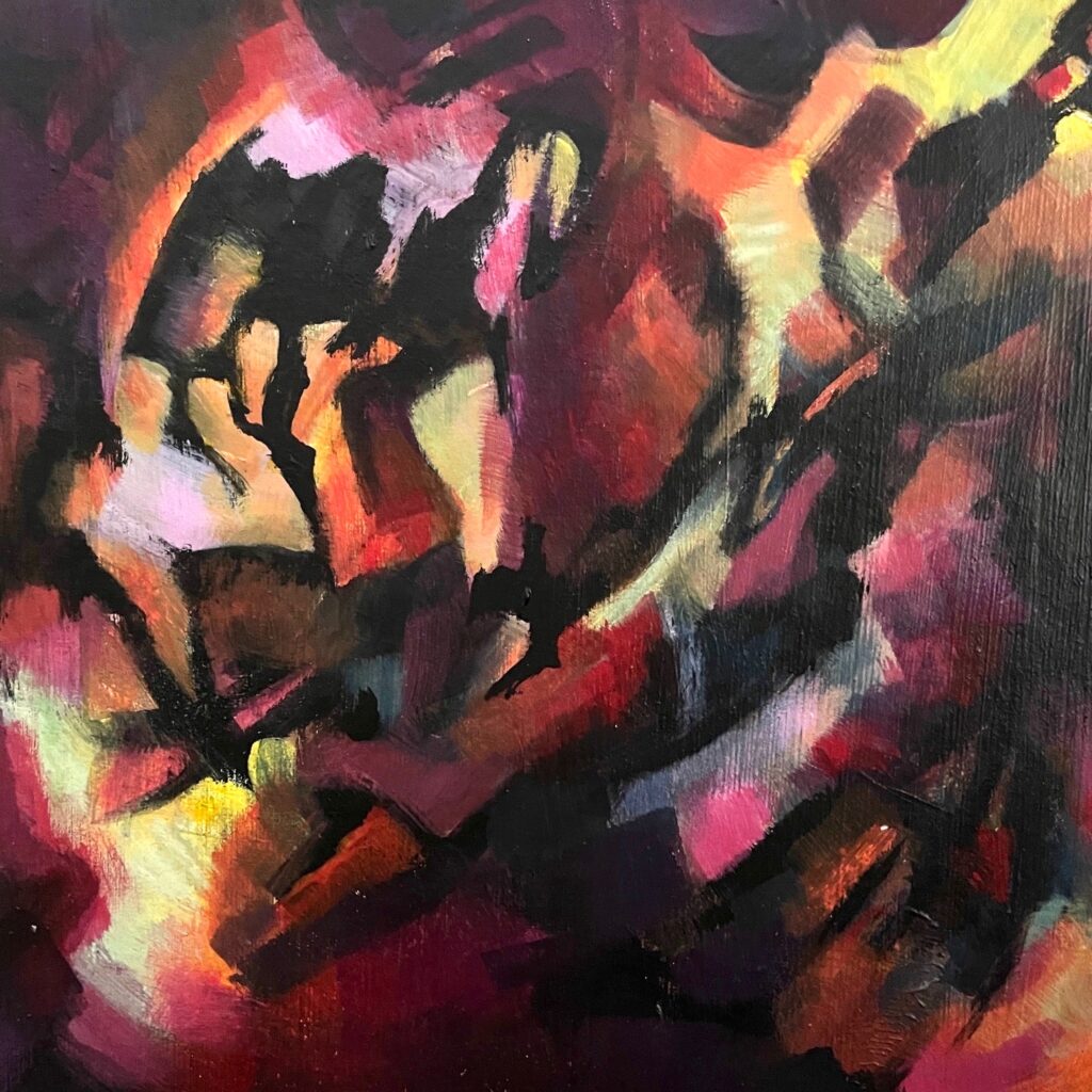 Patricia Brown&nbsp;• <em>Passages 12b, Pyrole Play</em>&nbsp;• Acrylic paint on paper mounted on wood panel&nbsp;• 8″×&nbsp;8″&nbsp;• $195.00