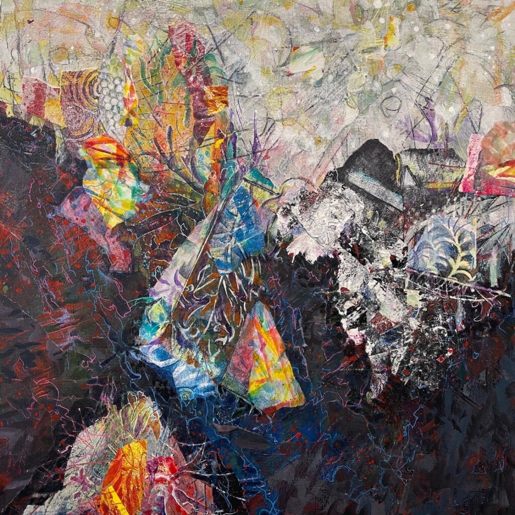 Patricia Brown&nbsp;• <em>Emerge</em>&nbsp;• Acrylic, collage on wood panel&nbsp;• 16″×&nbsp;16″&nbsp;• $700.00