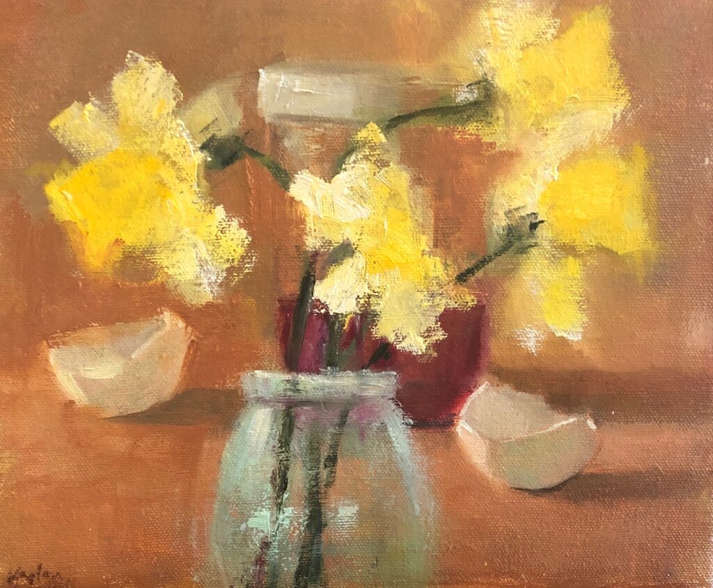 Ileen Kaplan&nbsp;• <em>Daffodils and Eggshells</em>&nbsp;• Oil on canvas&nbsp;• 10″×&nbsp;8″&nbsp;• $75.00