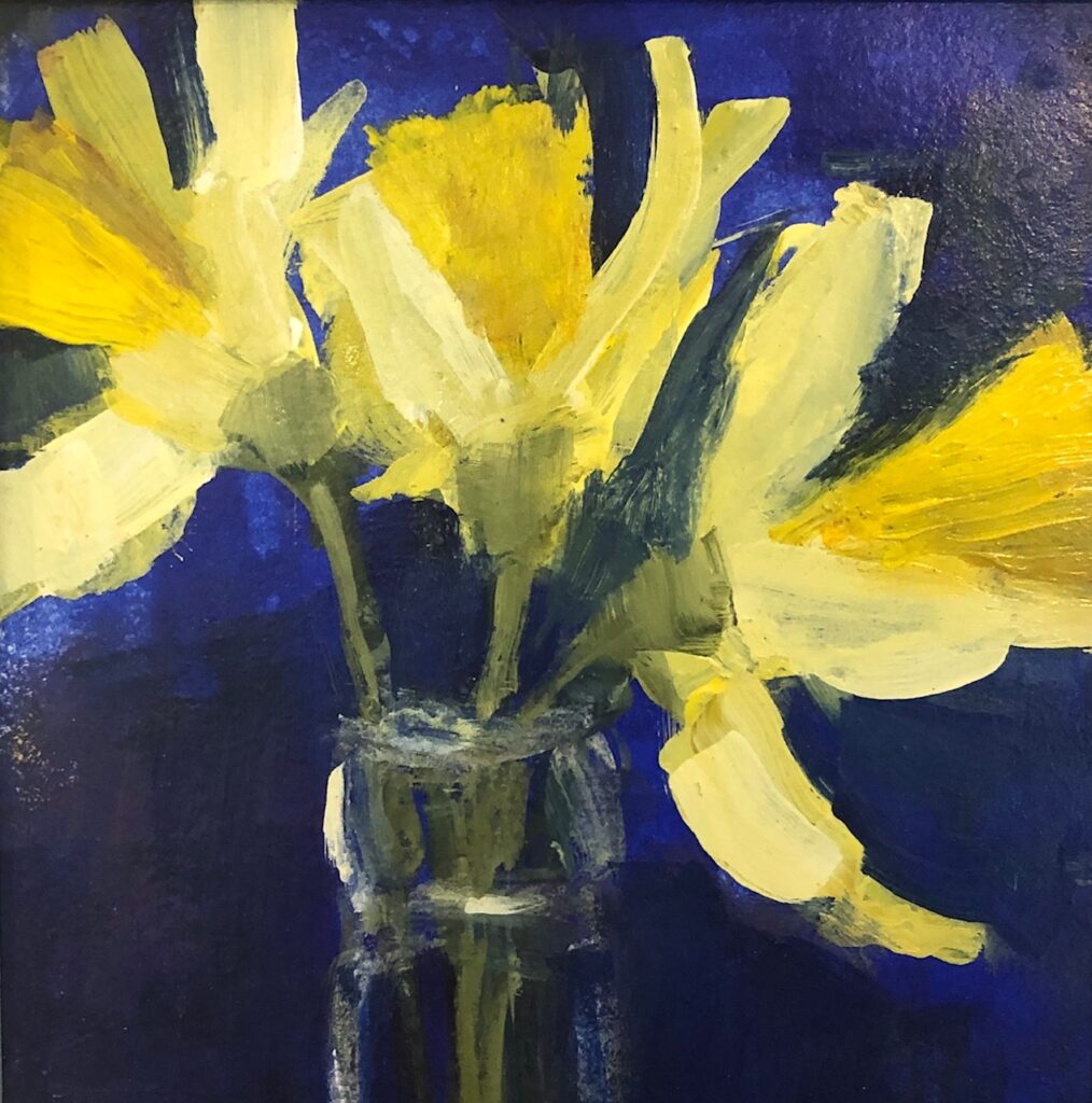 Ileen Kaplan&nbsp;• <em>Daffodils on Blue</em>&nbsp;• Oil on paper&nbsp;• 6″×&nbsp;6″&nbsp;• $50.00