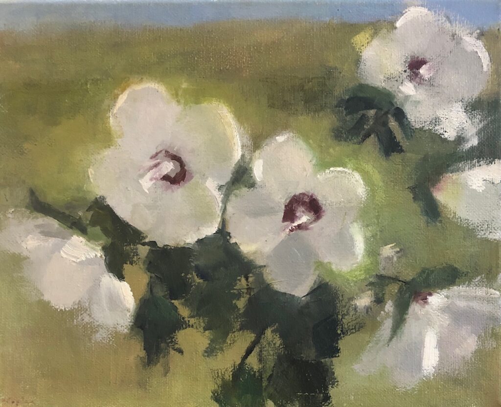Ileen Kaplan&nbsp;• <em>Rose of Sharon Outdoors</em>&nbsp;• Oil on canvas&nbsp;• 10″×&nbsp;8″&nbsp;• $75.00
