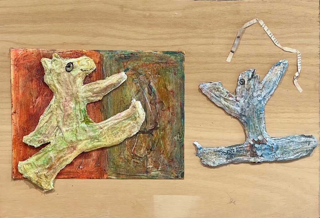 Mary Ann Bowman&nbsp;• <em>Just Right</em>&nbsp;• Acrylic painting, plaster cloth, canvas&nbsp;• 23″×&nbsp;15″&nbsp;• $75.00
