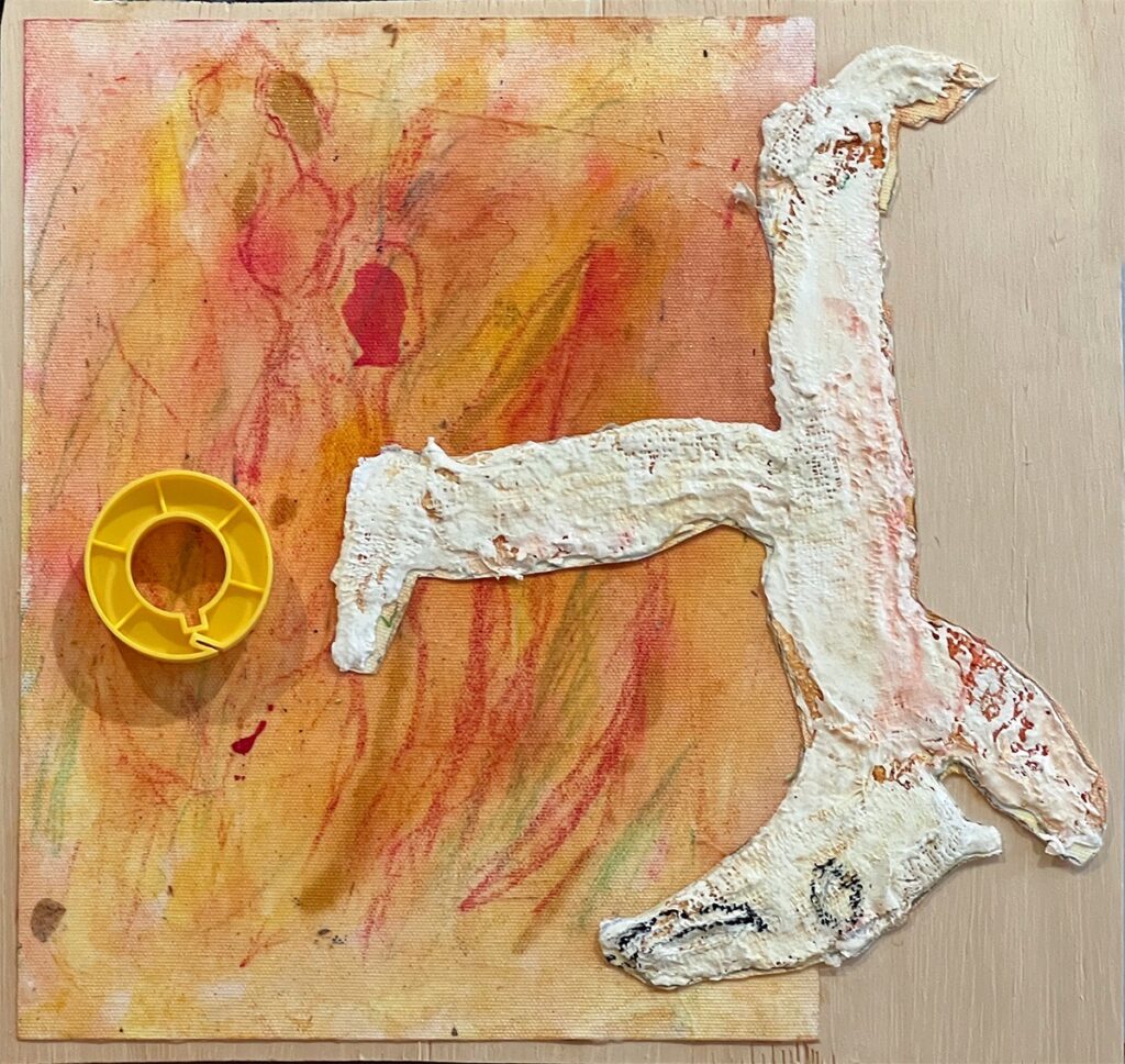 Mary Ann Bowman&nbsp;• <em>Just Right Also</em>&nbsp;• Acrylic painting, plaster cloth, canvas&nbsp;• 12″×&nbsp;11″&nbsp;• $75.00