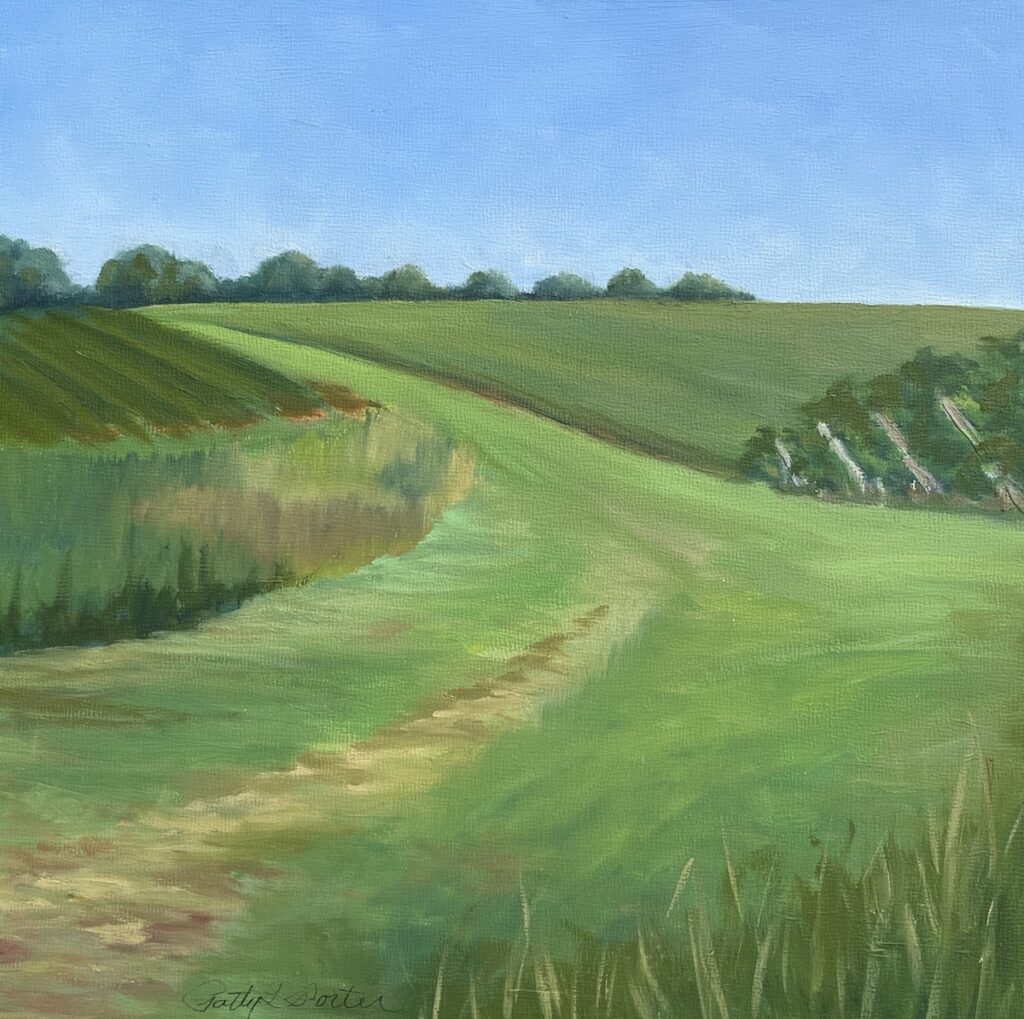 Patty L Porter&nbsp;• <em>Fields Above Sheldrake Winery</em>&nbsp;• Oil on board&nbsp;• 9″×&nbsp;9″&nbsp;• $75.00