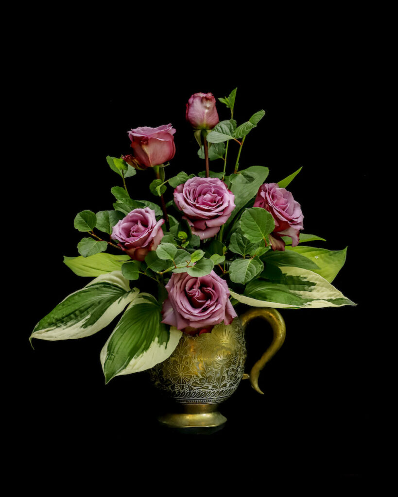 Nancy V. Ridenour&nbsp;• <em>Bronze Vase and Mauve Roses</em>&nbsp;• Digital print on canvas&nbsp;• 16″×&nbsp;20″&nbsp;• $150.00