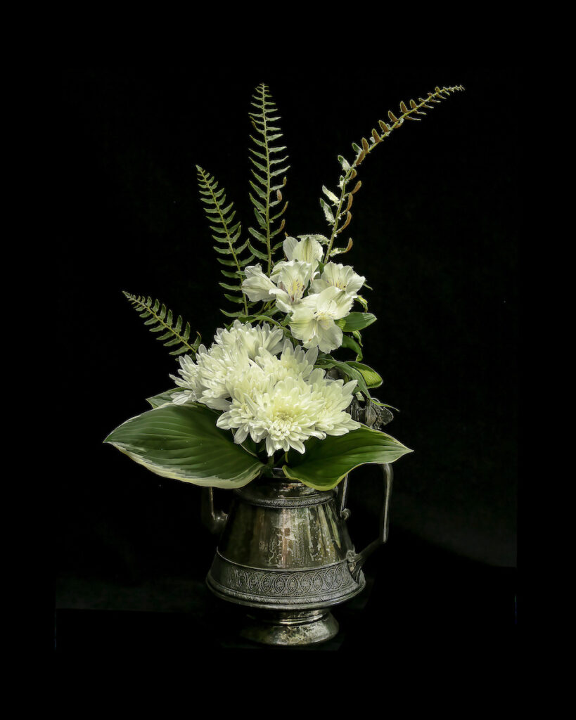 Nancy V. Ridenour&nbsp;• <em>Margy’s Teapot and White Mums</em>&nbsp;• Digital print on canvas&nbsp;• 16″×&nbsp;20″&nbsp;• $150.00