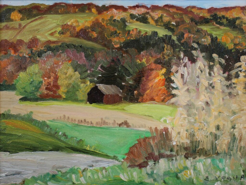 Ethel Vrana&nbsp;• <em>Fall Landscape</em>&nbsp;• Oil&nbsp;• 9″×&nbsp;12″&nbsp;• $75.00