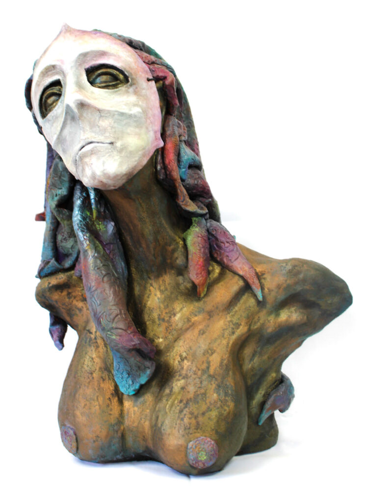 Andrew Fitzsimmons&nbsp;• <em>Nomadic Oracle</em>&nbsp;• Terracotta with acrylic and wax patina&nbsp;• 20″×&nbsp;15″×&nbsp;12″&nbsp;• $4,750.00