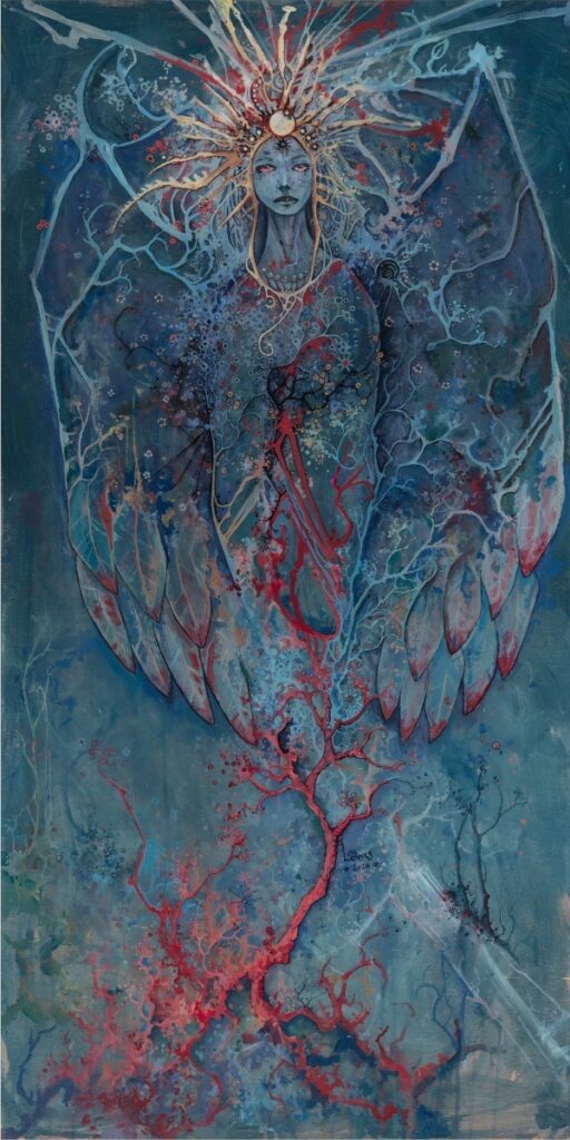 Jamie Lowes&nbsp;• <em>Niamh Òir Cothrom</em>&nbsp;• Acrylics and inks on board&nbsp;• 24″×&nbsp;48″&nbsp;• $1,250.00