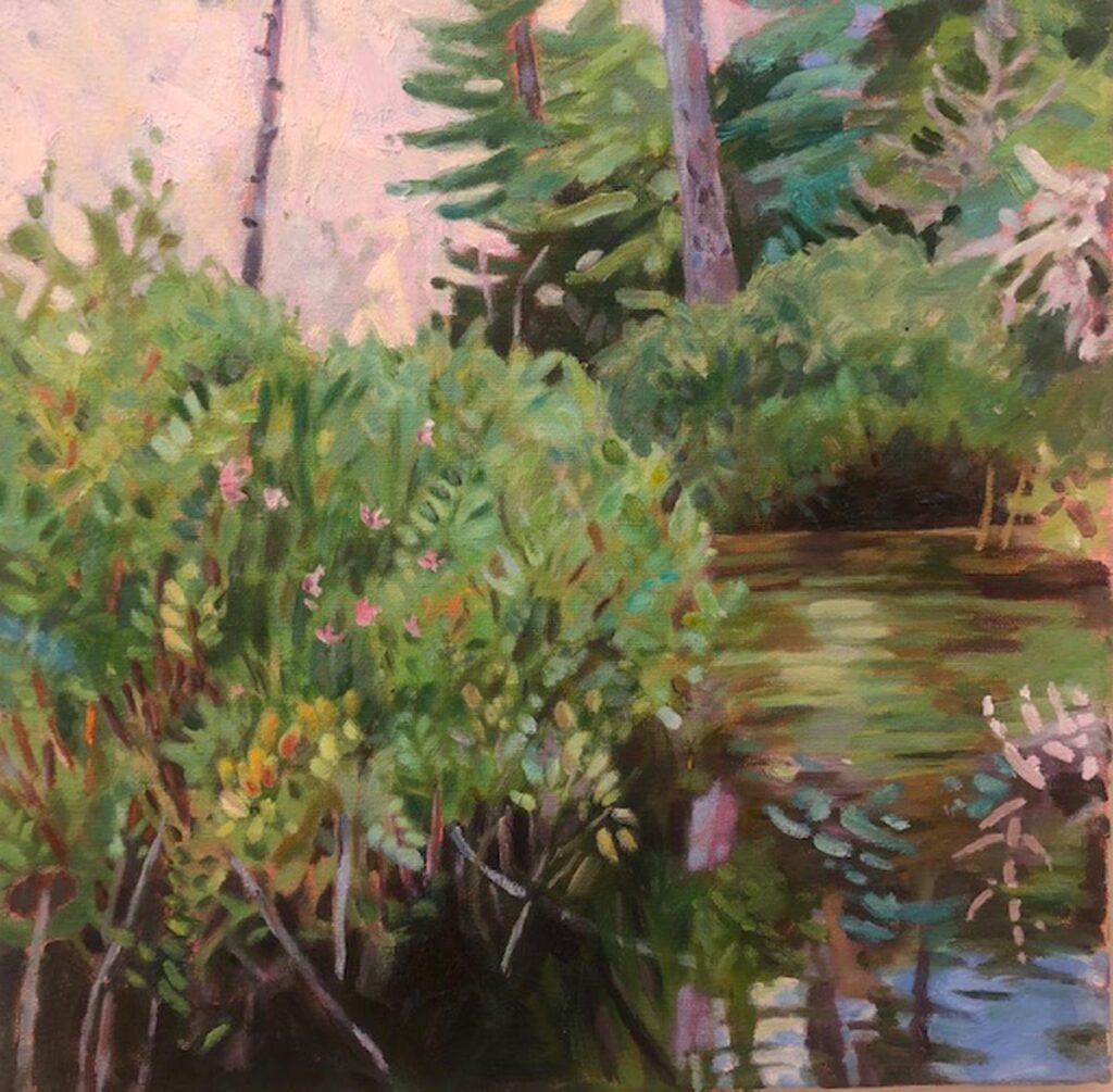 Catharine O'Neill&nbsp;• <em>Bog at Lake Titus</em>&nbsp;• Oil&nbsp;• 12″×&nbsp;12″×&nbsp;1″&nbsp;• $325.00