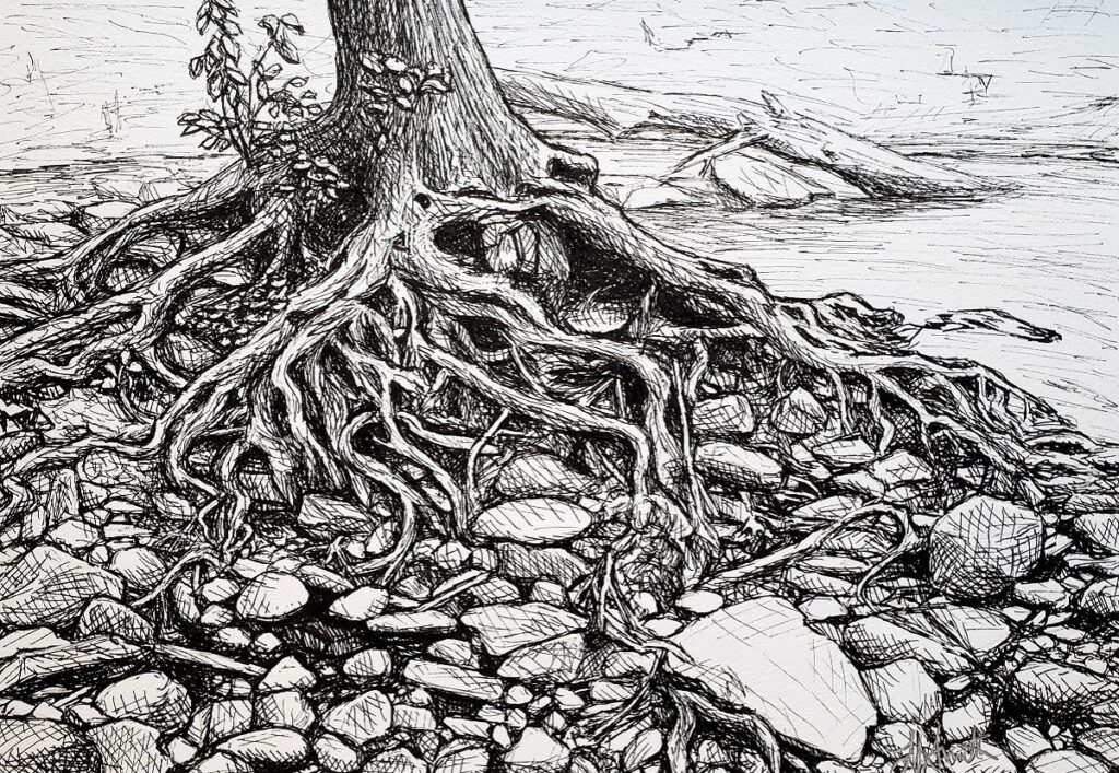Laura Jaen Smith&nbsp;• <em>Finding Your Roots</em>&nbsp;• Ink pen&nbsp;• 13″×&nbsp;16″&nbsp;• $650.00