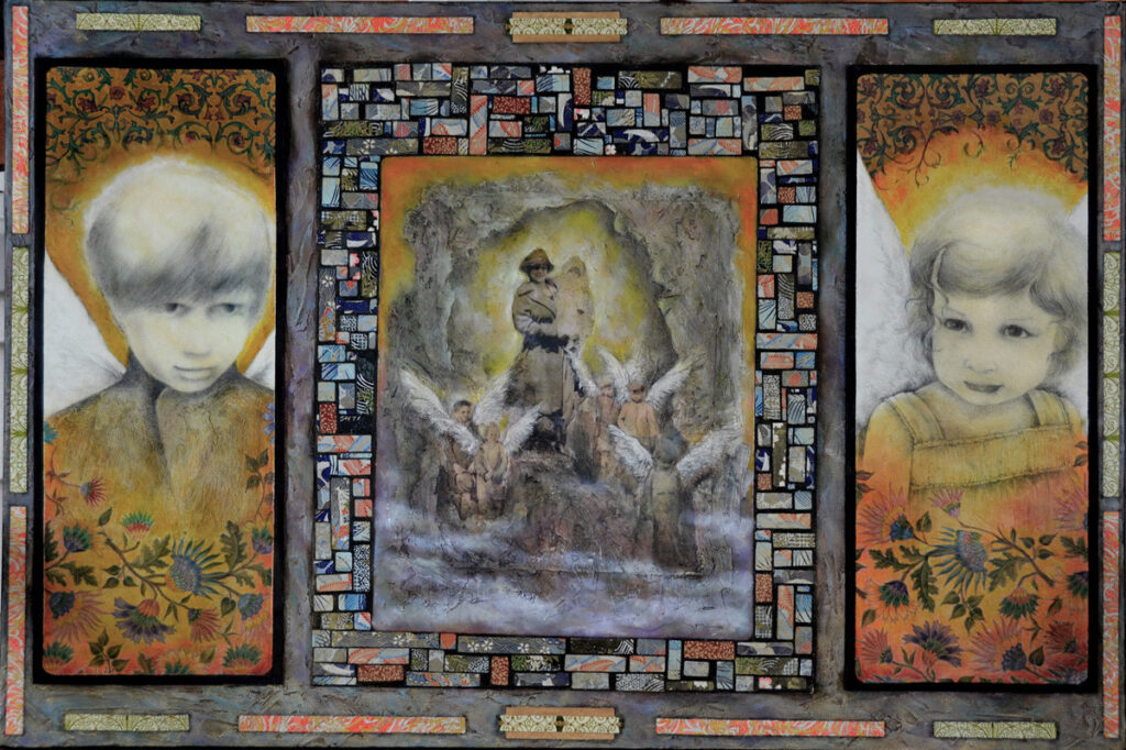 D Dargan Teska&nbsp;• <em>Too Many Angels</em>&nbsp;• Mixed media&nbsp;• 24″×&nbsp;36″&nbsp;• $850.00