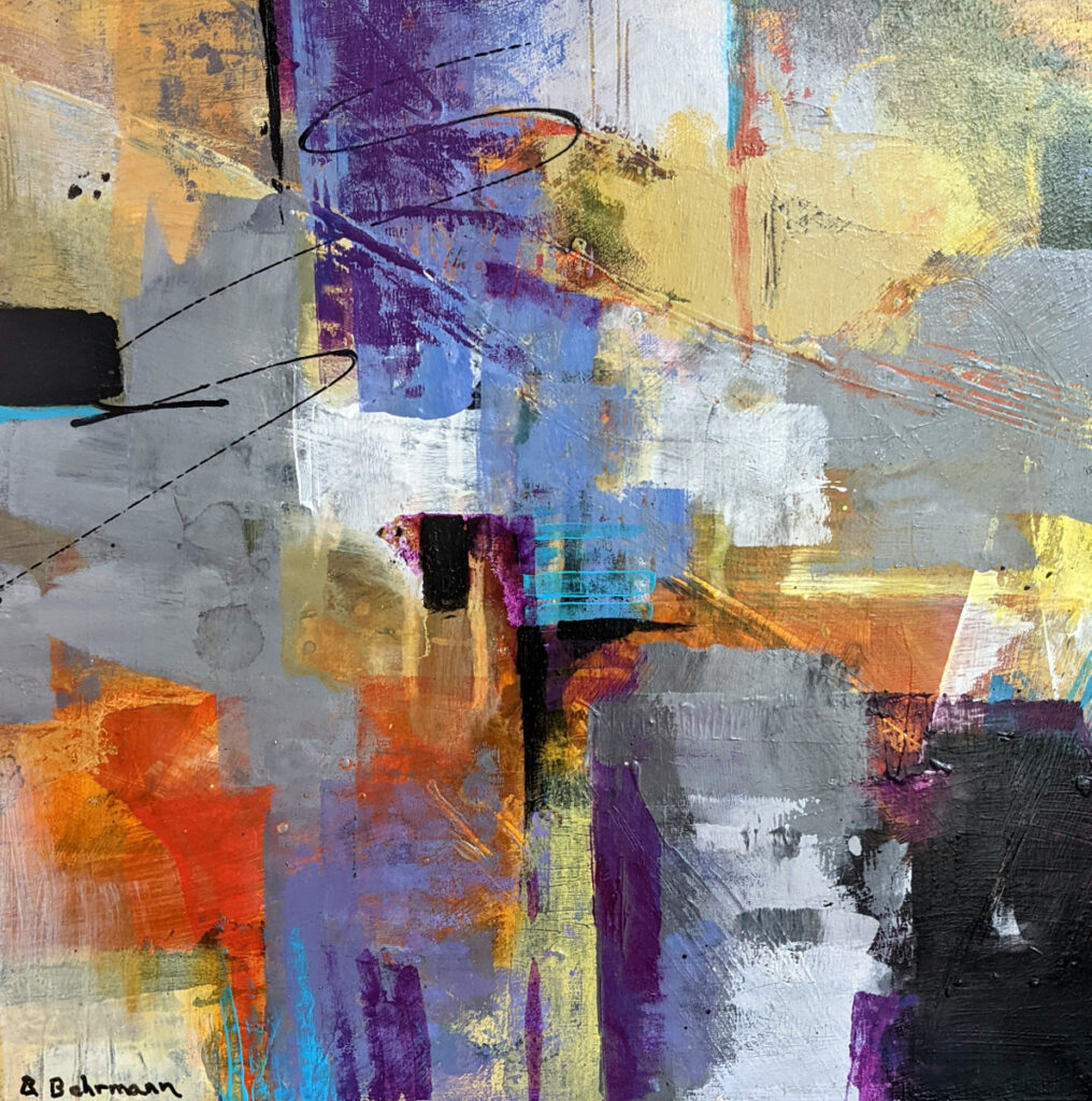 Barbara Behrmann&nbsp;• <em>CityScape</em>&nbsp;• Acrylic on wood panel&nbsp;• 12″×&nbsp;12″×&nbsp;5″&nbsp;• $300.00
