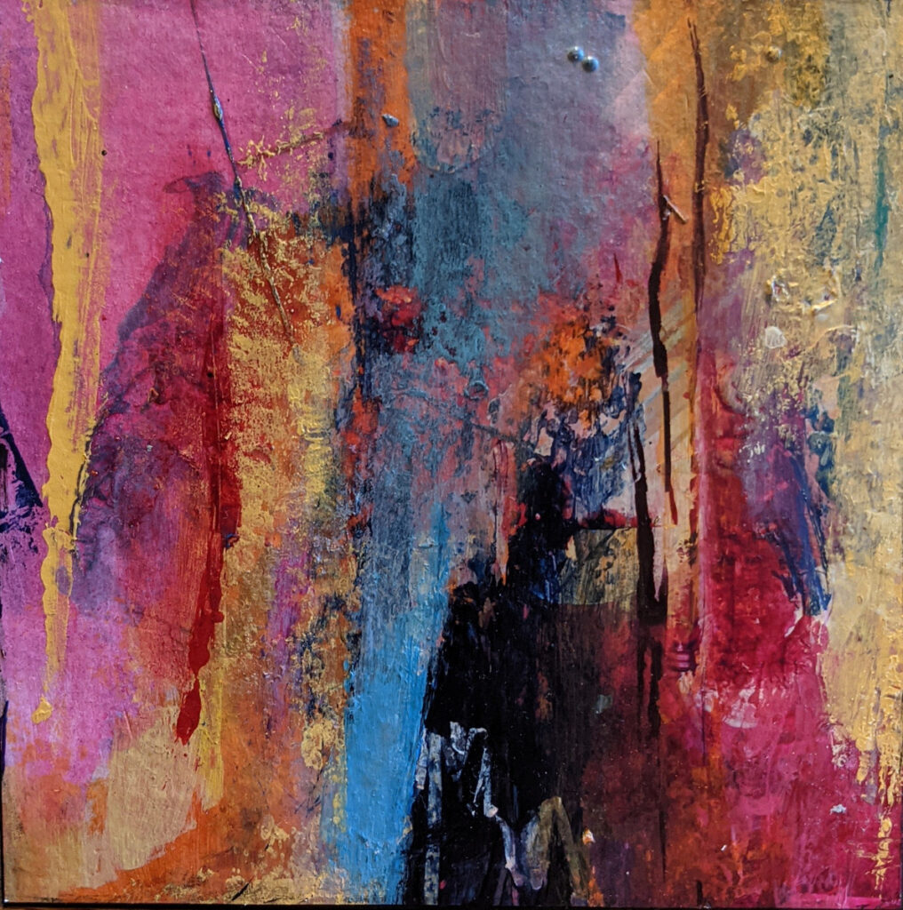 Barbara Behrmann&nbsp;• <em>Paroxysm #2</em>&nbsp;• Acrylic on wood block&nbsp;• 6″×&nbsp;6″×&nbsp;1½″&nbsp;• $75.00