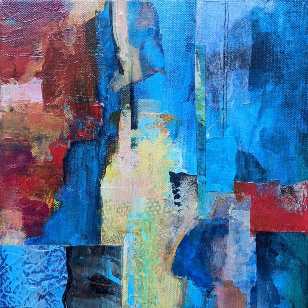 Barbara Behrmann&nbsp;• <em>Time for the Primaries</em>&nbsp;• Acrylic mixed-media collage on stretched canvas&nbsp;• 10″×&nbsp;10″×&nbsp;1½″&nbsp;• $300.00